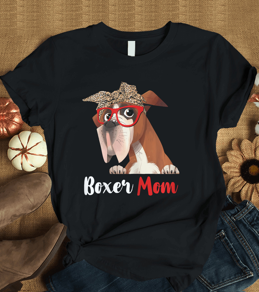 Boxer Mom with Red Glasses and Leopard Headband for Dog Lovers T-Shirt