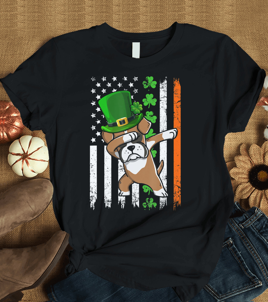 Dabbing Boxer Dog Leprechaun Hat American Irish Flag T-Shirt