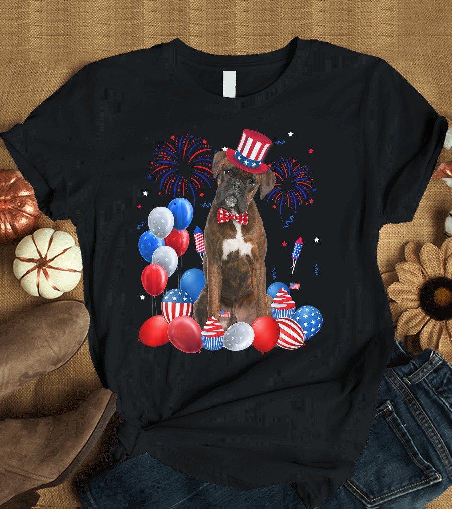 Boxer Dog with Patriotic Hat and Bowtie Surrounded by 4th of July Balloons Fireworks and Rockets T-Shirt