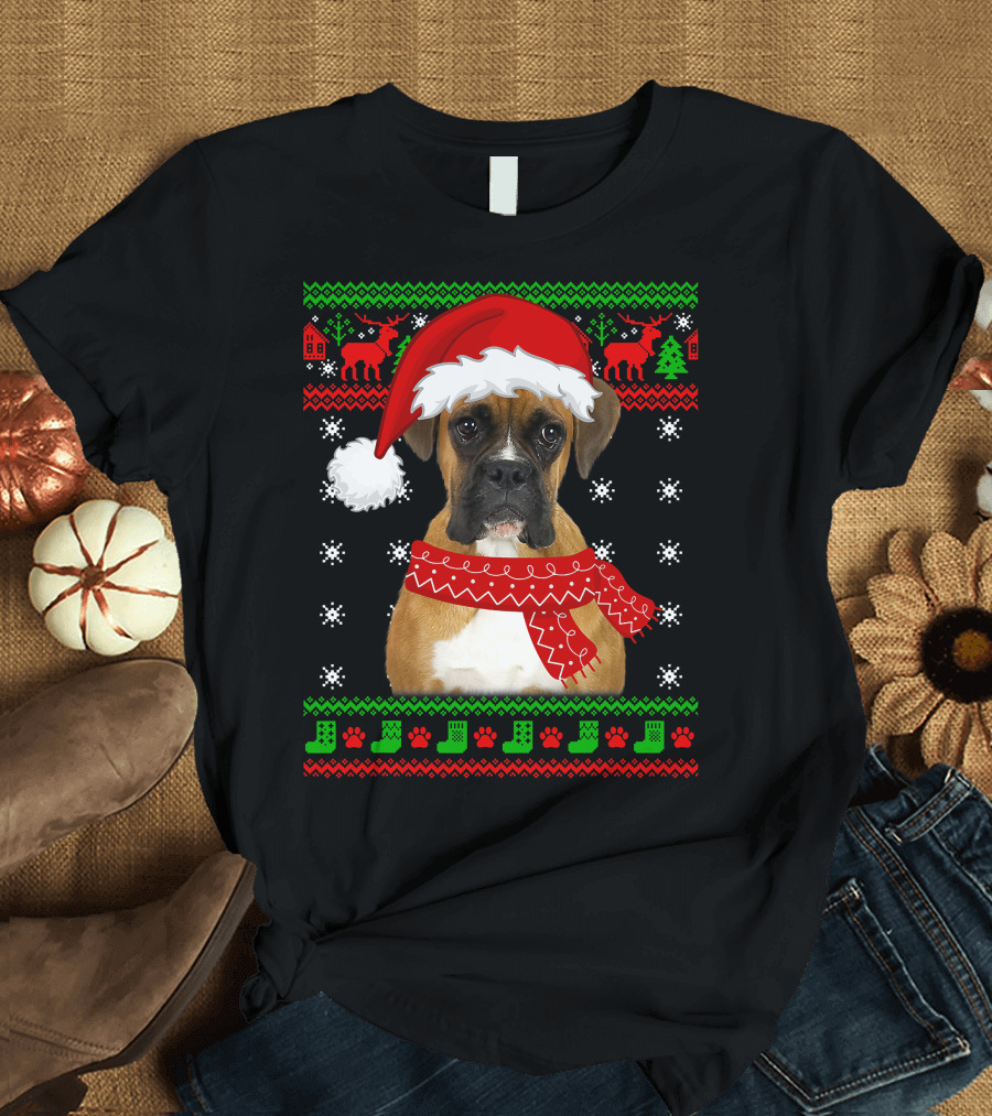 Boxer Dog Christmas Puppy Ugly Sweater Santa Hat Reindeer Snowflakes T-Shirt