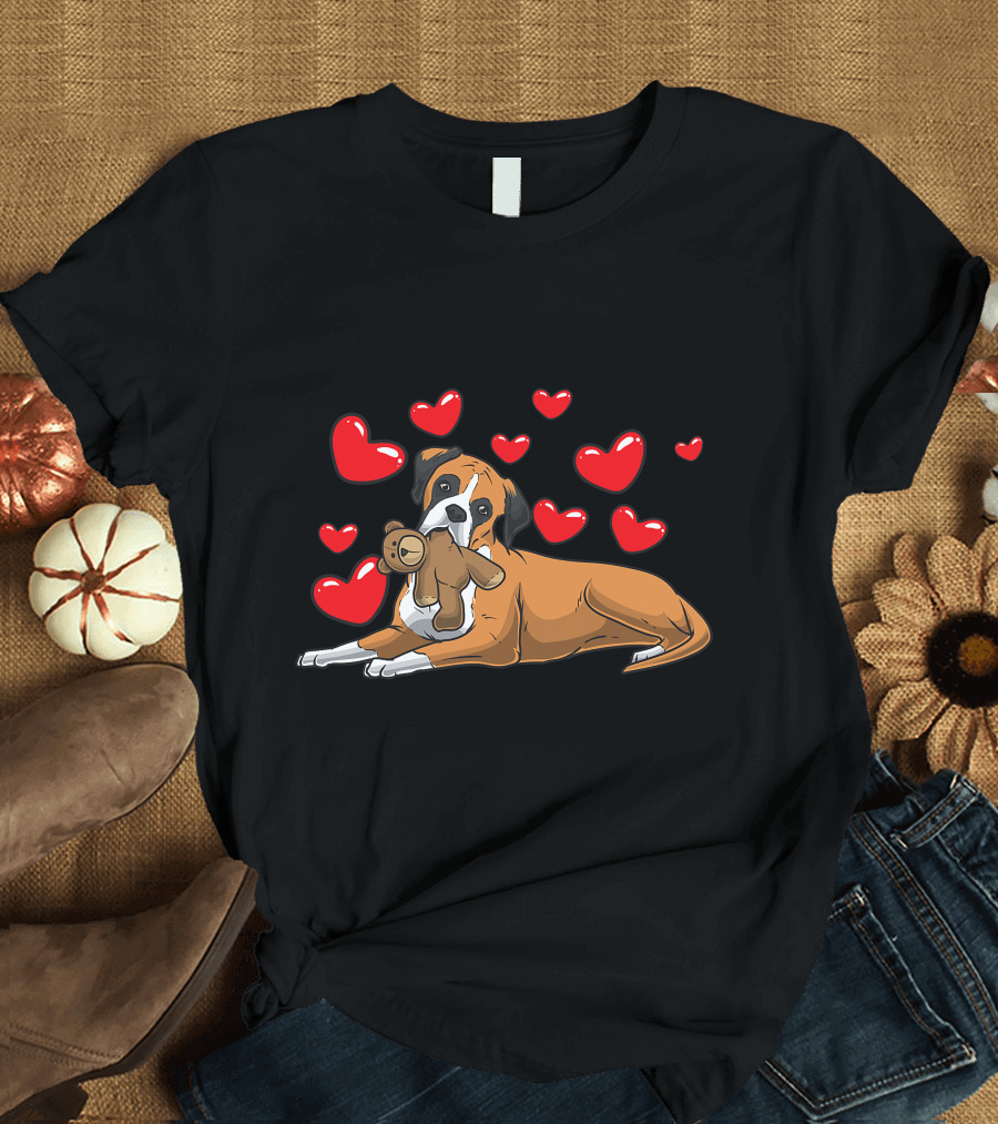 Boxer Dog Cuddling Teddy Bear Surrounded By Red Hearts T-Shirt