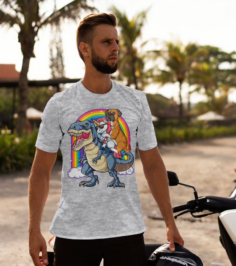 Boxer Riding Dinosaur Unicorn T-Shirt