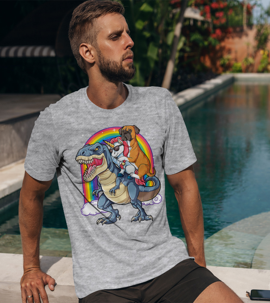 Boxer Riding Dinosaur Unicorn T-Shirt