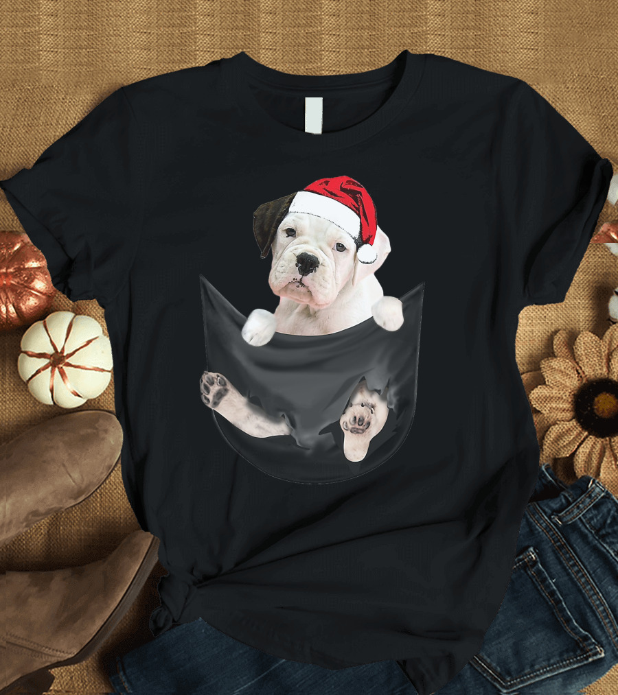 White Boxer Dog Santa Hat Christmas Pocket Mid-Length T-Shirt
