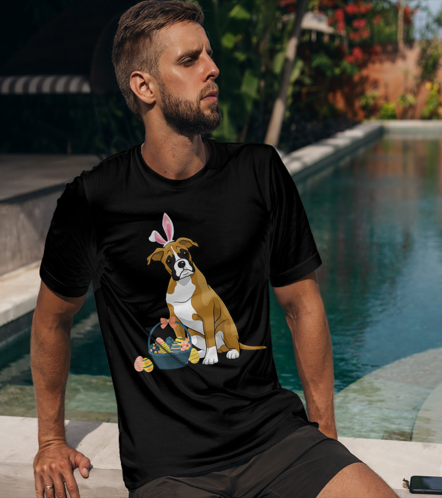 Bunny Ears Boxer Dog Cute Doge Rabbit With Easter Eggs Basket T-Shirt