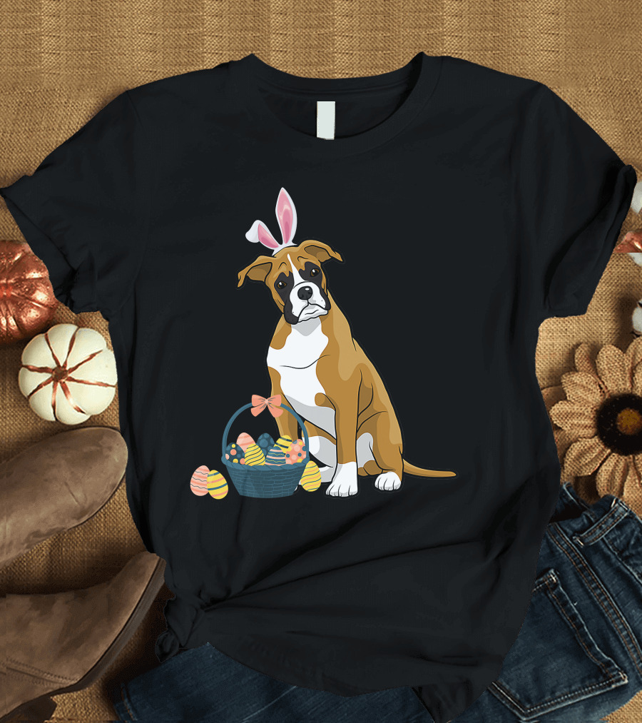 Bunny Ears Boxer Dog Cute Doge Rabbit with Easter Eggs Basket T-Shirt