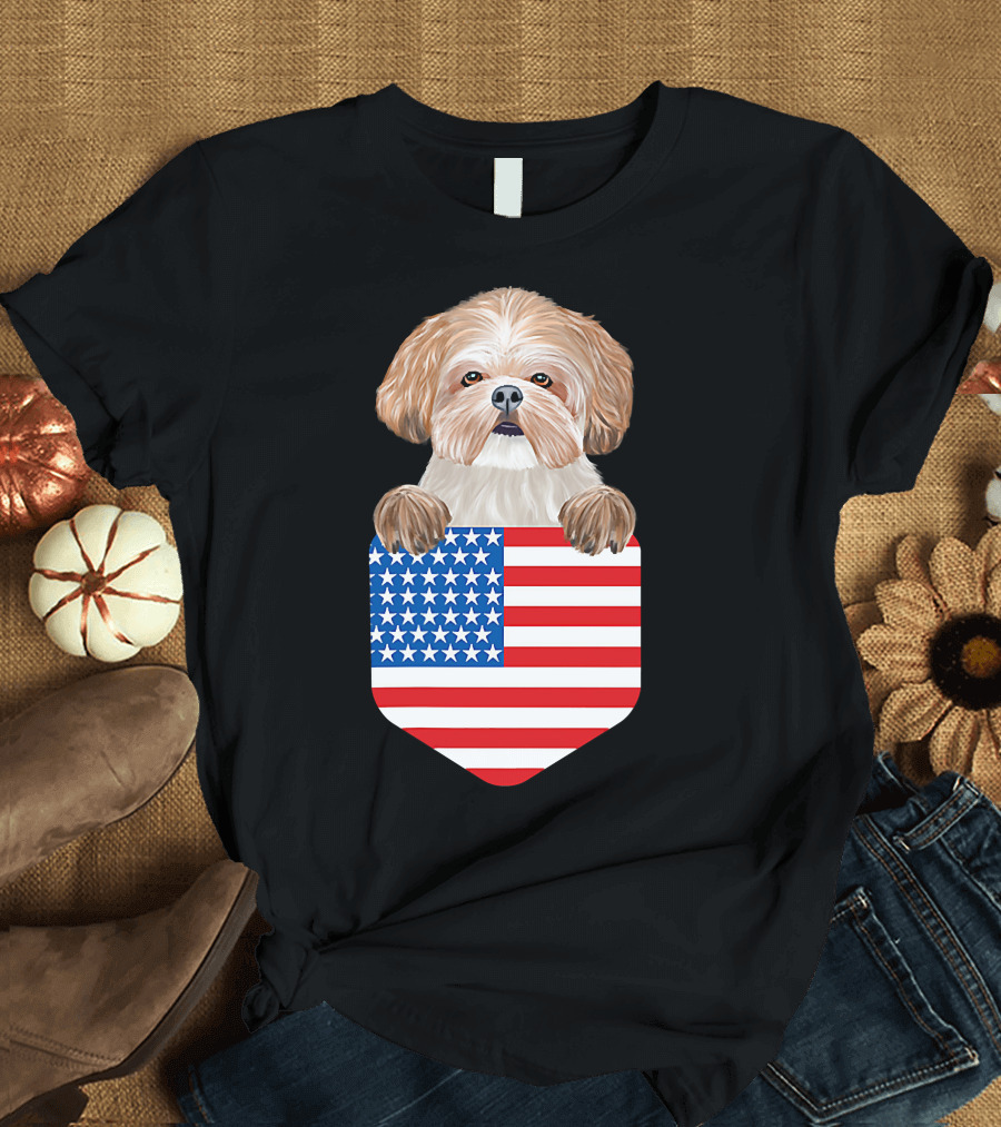 Shih Tzu Dog in American Flag Pocket T-Shirt