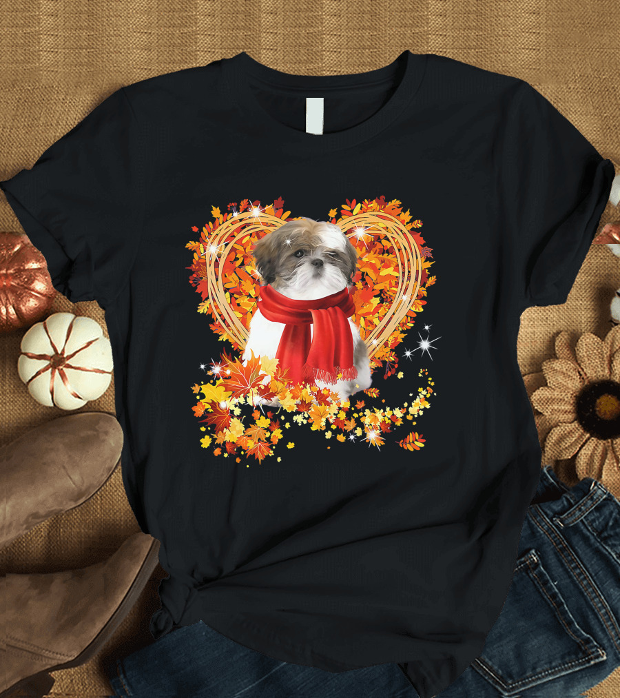 Baby Shih Tzu Love Autumn Fall Season With Heart Leaves T-Shirt