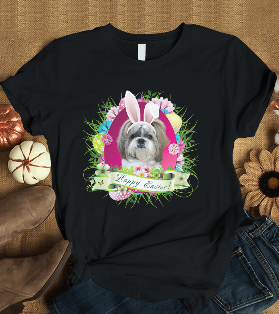 Happy Easter Bunny Shih Tzu Dog with Flowers and Eggs T-Shirt