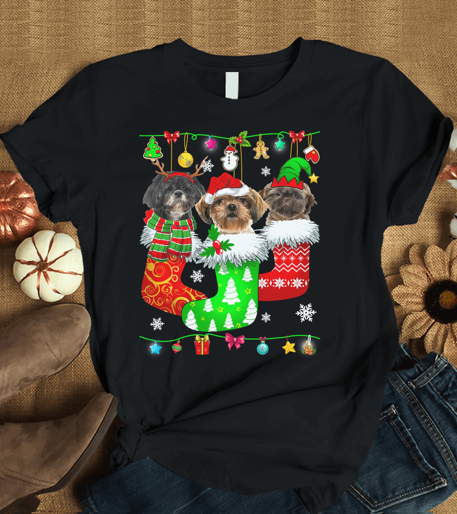 Christmas Shih Tzu Dogs in Festive Holiday Socks Pajama Lover T-Shirt