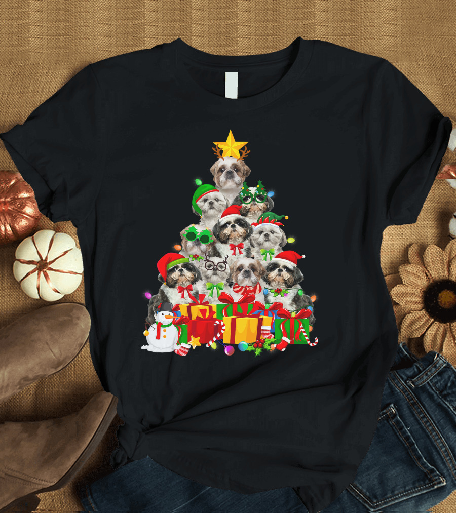 Christmas Tree Puppy Love Shih Tzu Dog Xmas Lights T-Shirt