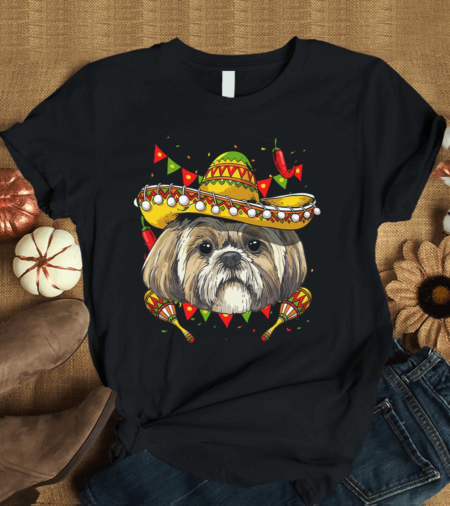 Cinco de Mayo Shih Tzu Sombrero Men Women Kids Festive Dog Maracas Fiesta T-Shirt