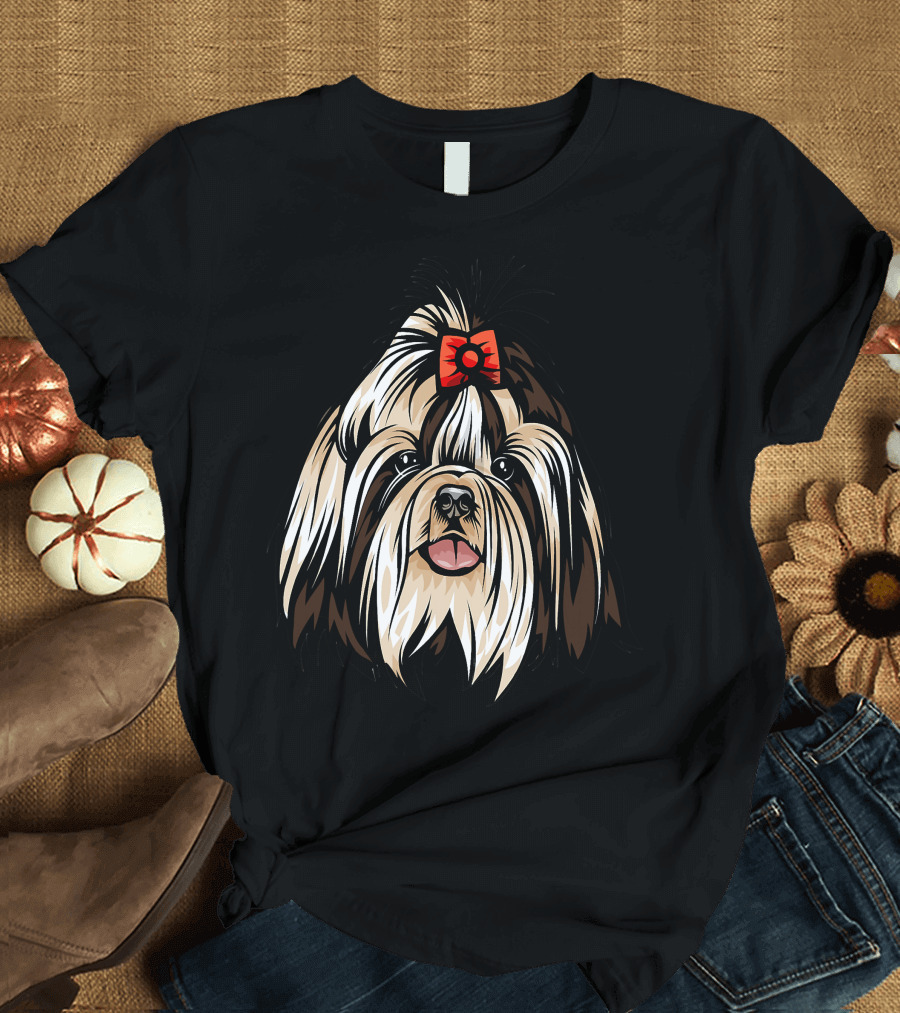 Cool Shih Tzu Face Red Bow Detailed T-Shirt