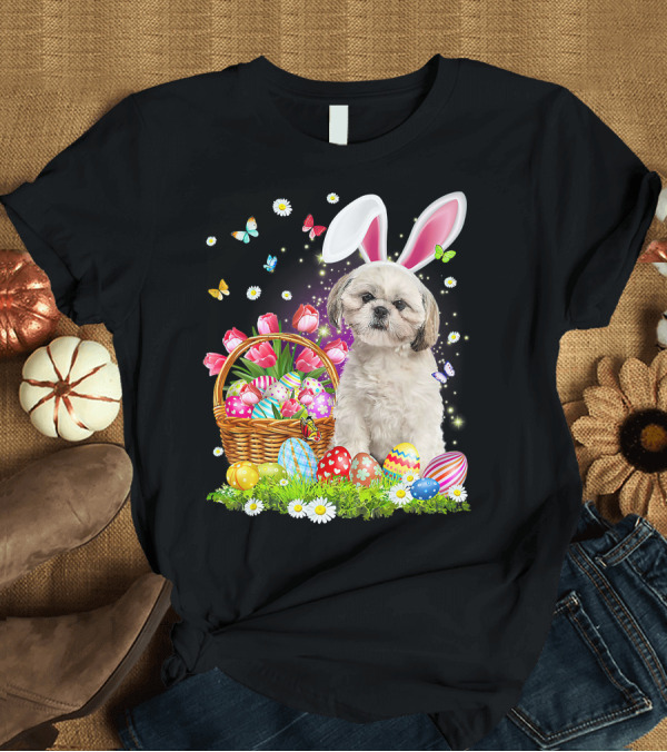 T-Shirt: Shih Tzu Bunny Ears with Easter Eggs and Flower Basket T-Shirt Shih Tzu Bunny Ears with Easter Eggs and Flower Basket T-Shirt