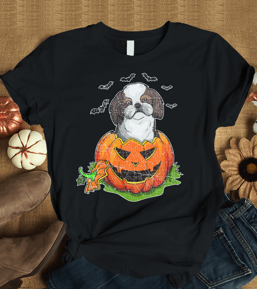 Cute Shih Tzu in Halloween Pumpkin with Bats T-Shirt