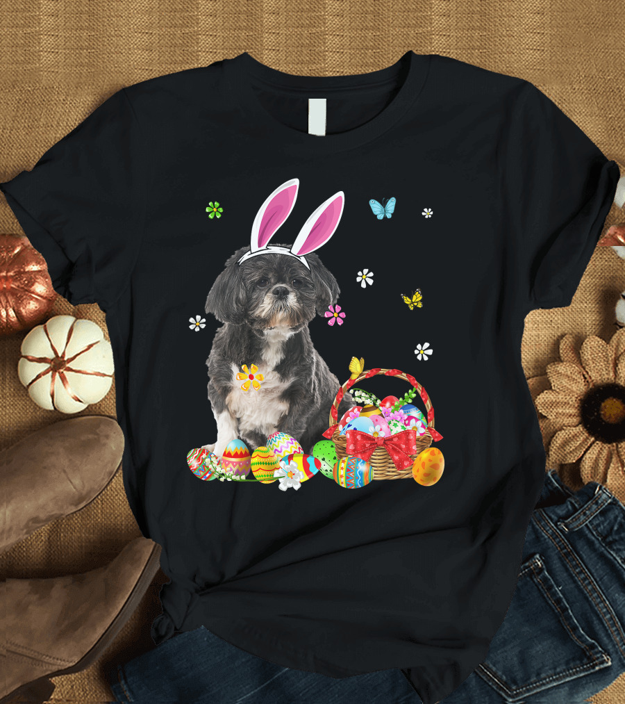 Shih Tzu Happy Easter Dog Lover Bunny Ears and Easter Egg Basket T-Shirt