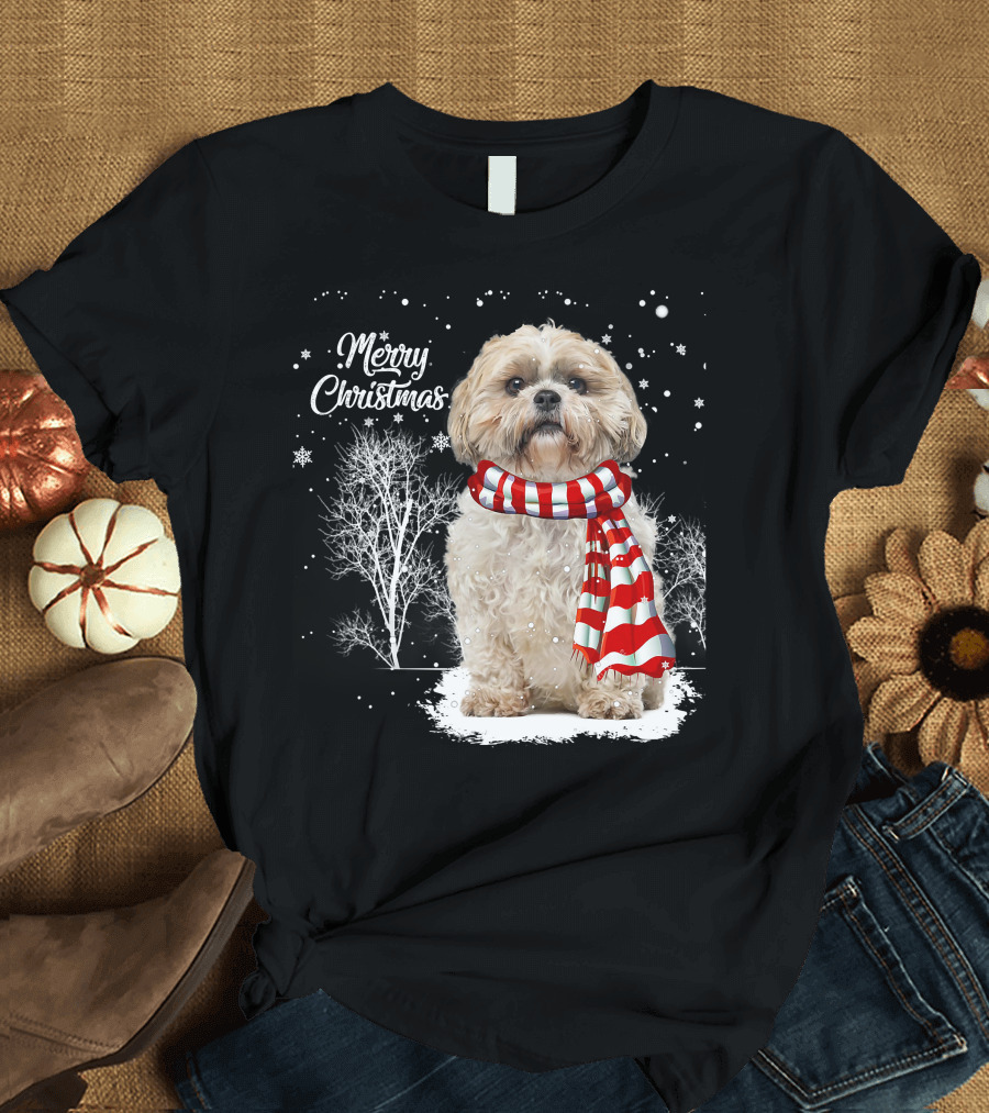 Shih Tzu Christmas Puppy Dog Lover Family Mat with Festive Scarf Snowflakes and Winter Trees T-Shirt