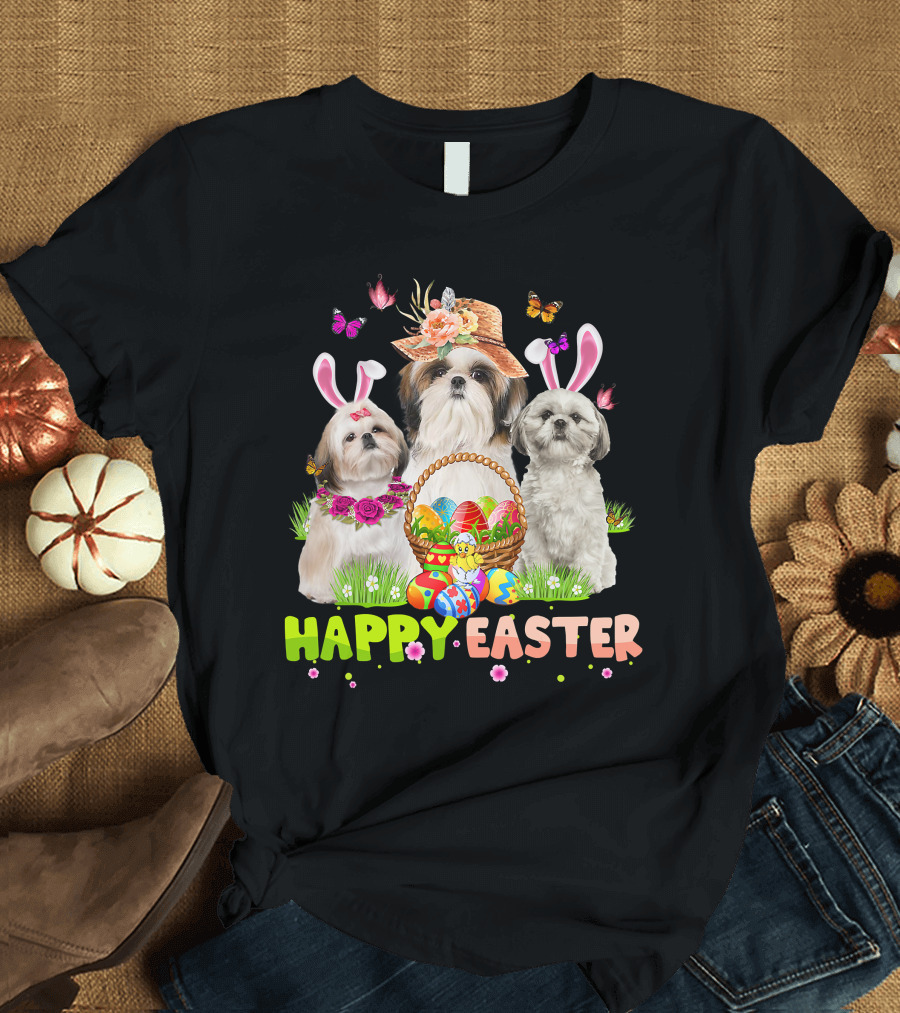 Happy Easter Shih Tzu Bunny Ears Basket Eggs Butterflies Flowers T-Shirt