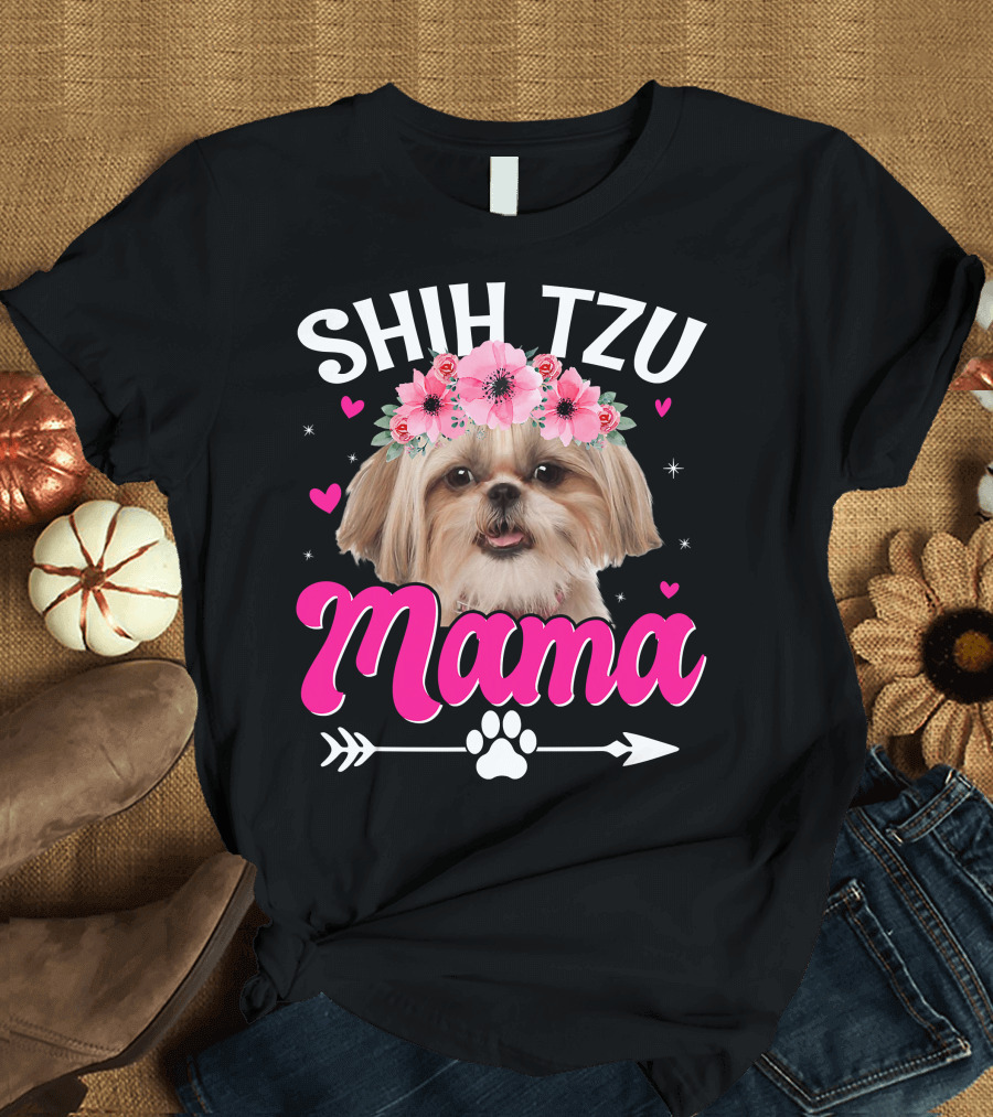 Shih Tzu Mama With Flower Crown Hearts T-Shirt
