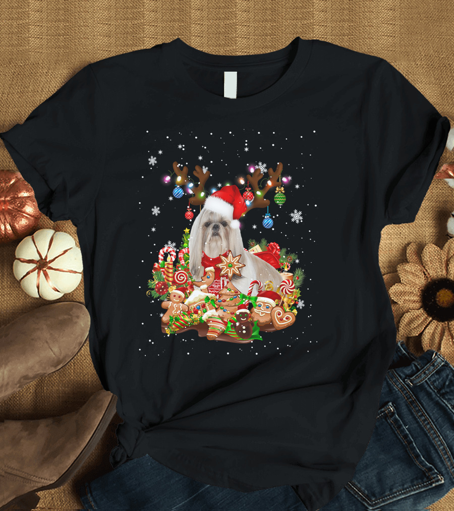 Cute Shih Tzu Reindeer Christmas Lighting Santa Xm Gingerbread Candy Cane Ornaments T-Shirt