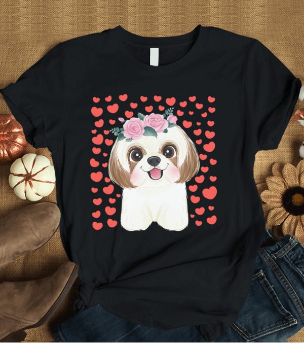 T-Shirt: Cute Shih Tzu Valentine's Day Red Hearts Dog Flowers T-Shirt Cute Shih Tzu Valentine's Day Red Hearts Dog Flowers T-Shirt