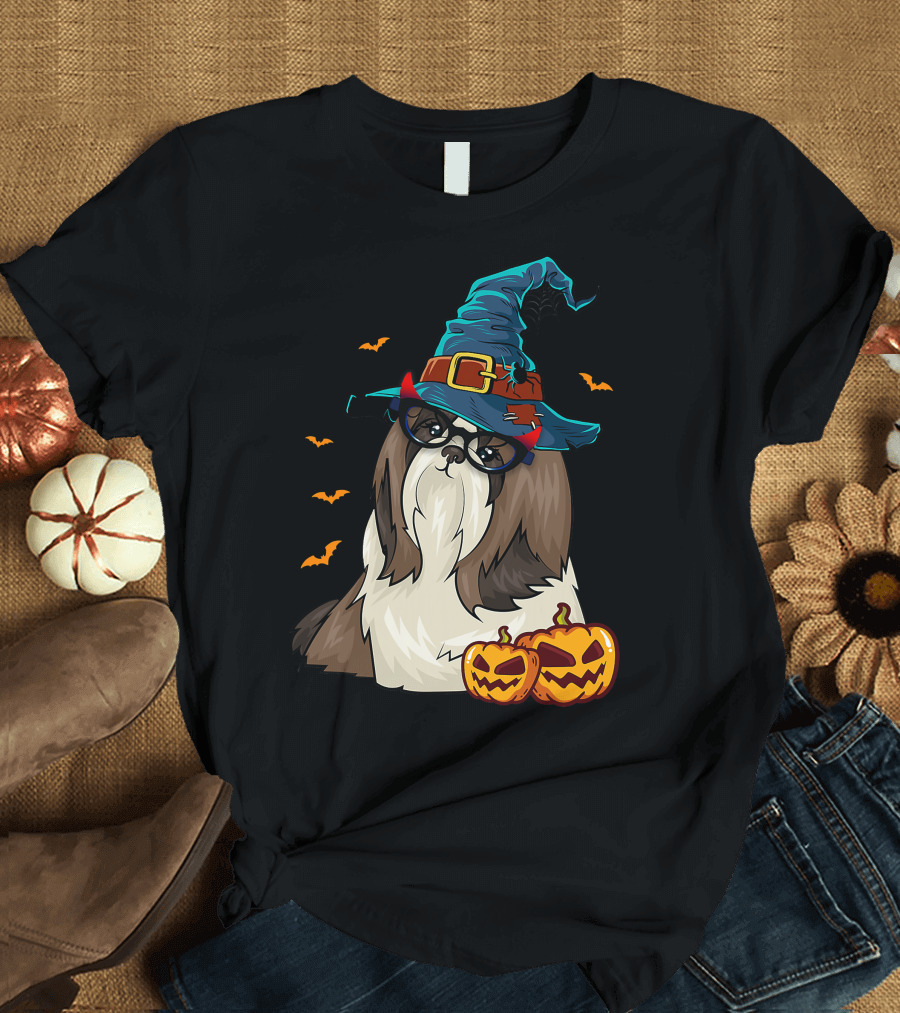 Cute Shih Tzu Glasses Witch Hat Halloween Pumpkins Bats T-Shirt