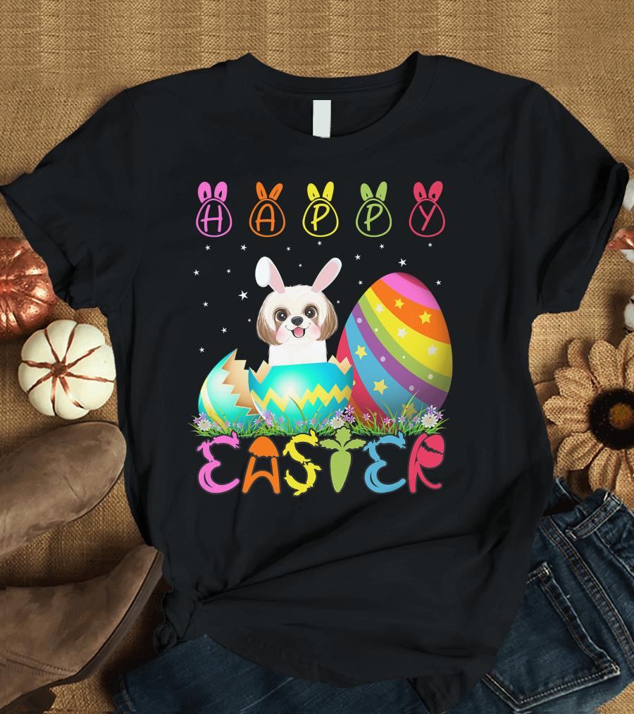 Happy Easter Day Shih Tzu Dog in Colorful Egg Matching T-Shirt