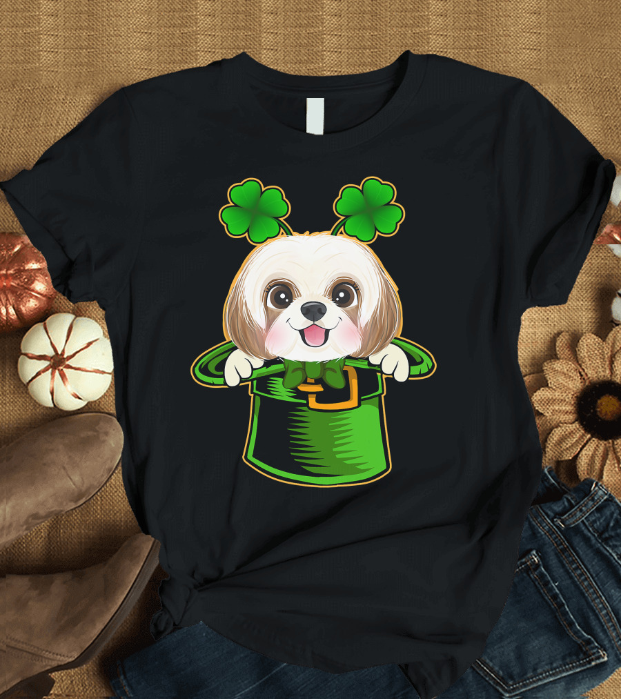 Leprechaun Hat Shih Tzu Dog with Green Clover Antennae T-Shirt