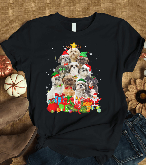 T-Shirt: Shih Tzu Christmas Tree with Holiday Lights and Puppy Dogs T-Shirt Shih Tzu Christmas Tree with Holiday Lights and Puppy Dogs T-Shirt