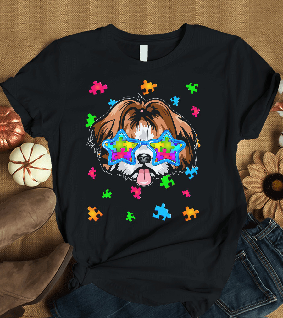 Funny Shih Tzu Star Glasses Puzzle Autism Awareness T-Shirt