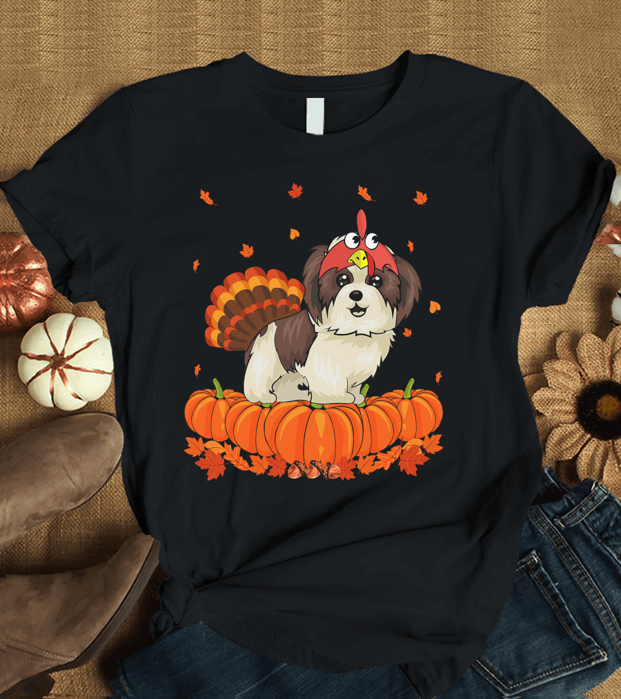 Shih Tzu Dressed as Turkey with Pumpkins and Autumn Leaves Thanksgiving Fun T-Shirt