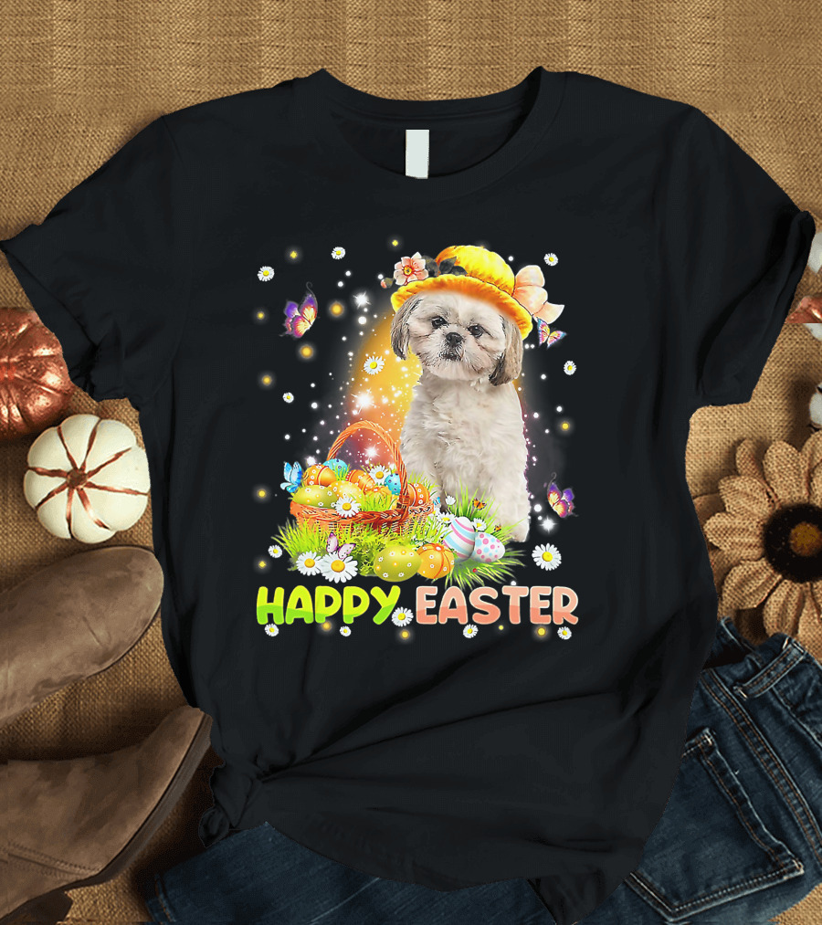 Happy Easter Cute Bunny Dog Shih Tzu with Eggs Basket and Butterflies T-Shirt