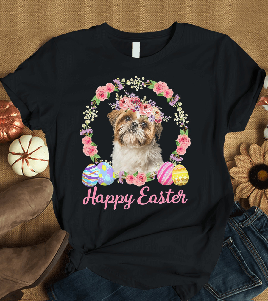 Happy Easter Shih Tzu Dog Flower Wreath with Decorative Eggs T-Shirt
