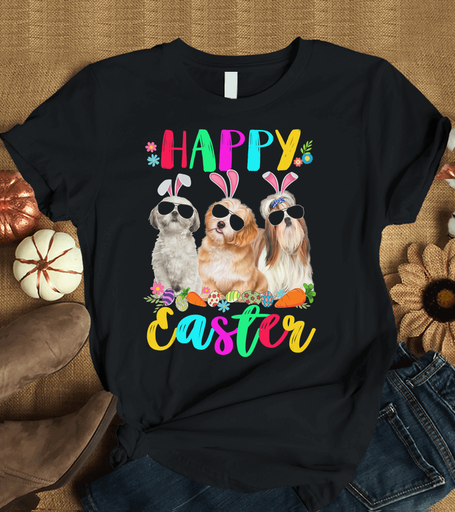 Happy Easter Three Shih Tzu Dogs with Bunny Ears and Sunglasses Eggs Carrots T-Shirt