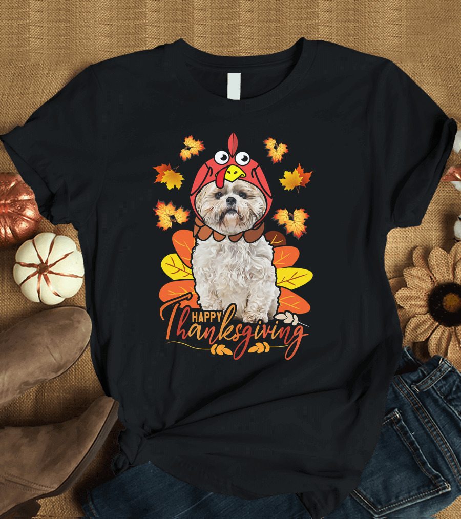Happy Thanksgiving Shih Tzu Dog in Turkey Costume with Autumn Leaves T-Shirt