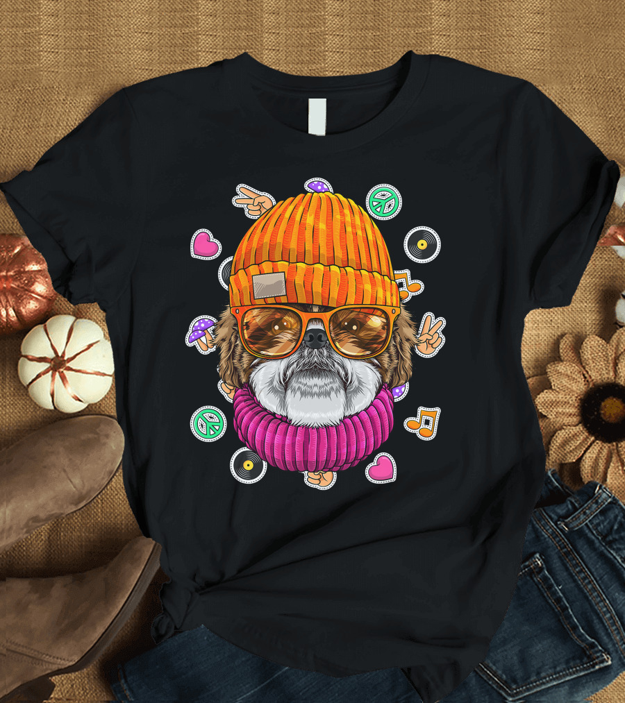 Hipster Shih Tzu with Glasses and Beanie Surrounded by Love Peace and Music Icons T-Shirt