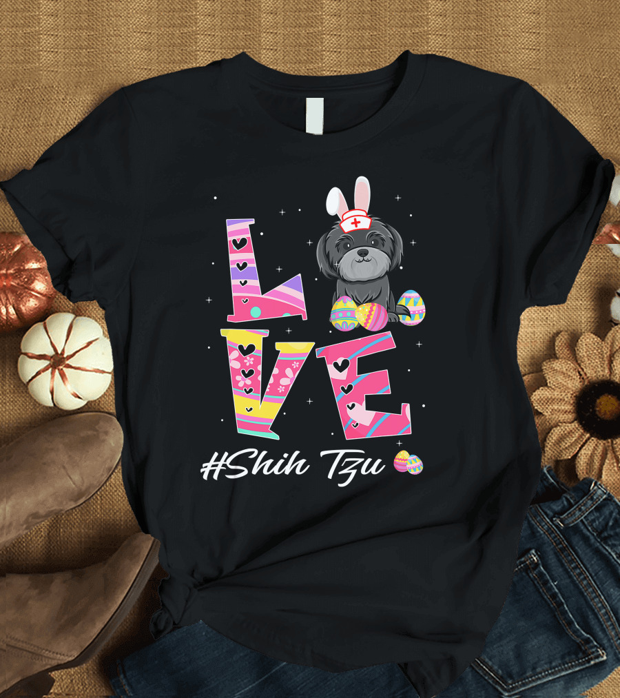 Love Easter Shih Tzu Bunny Ears Nurse Hat Egg Pattern Funny Dog Lovers T-Shirt