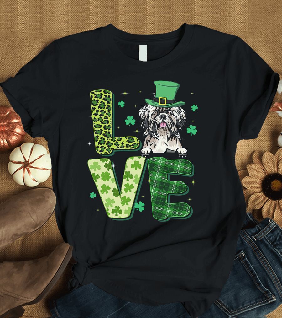 Love Shih Tzu Leopard Plaid Shamrock St Patrick's Day T-Shirt