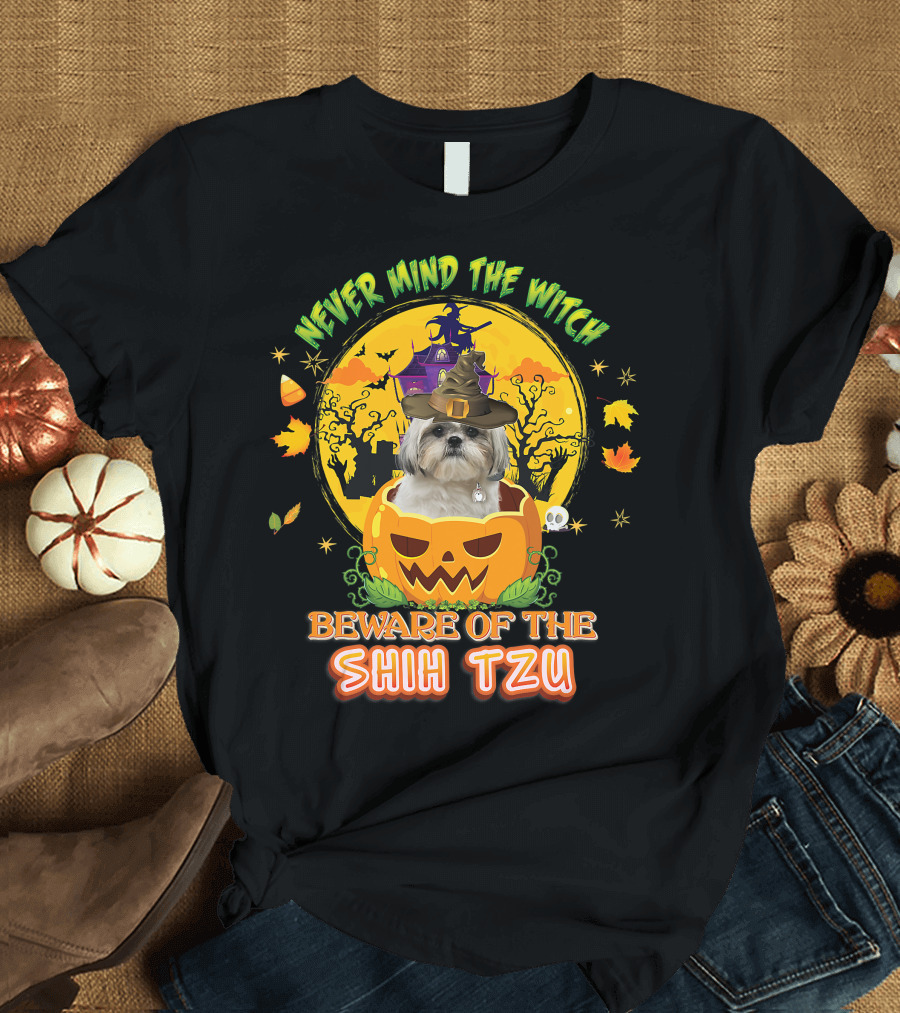 Never Mind The Witch Beware Of The Shih Tzu Halloween Pumpkin Dog with Witch Hat T-Shirt