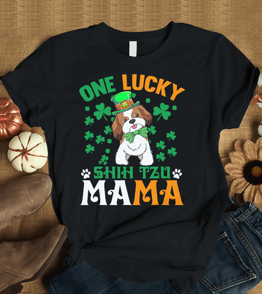 One Lucky Shih Tzu Mama St Patricks Day Green Hat Shamrocks T-Shirt