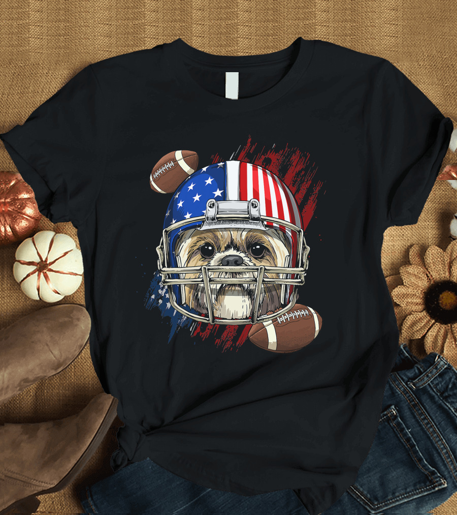 Shih Tzu in American Football Helmet with USA Flag and Footballs T-Shirt