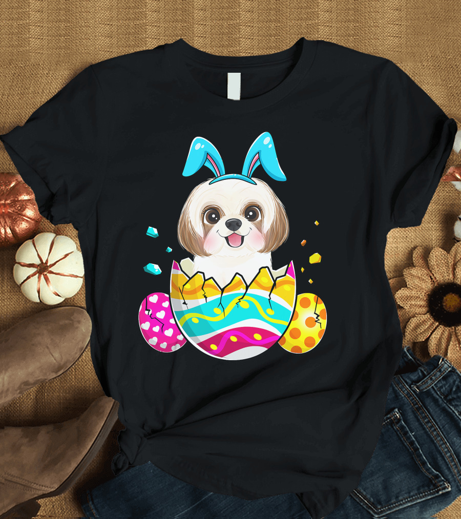 Shih Tzu Bunny Ears Easter Day Cute Dog Dad with Colorful Eggs T-Shirt