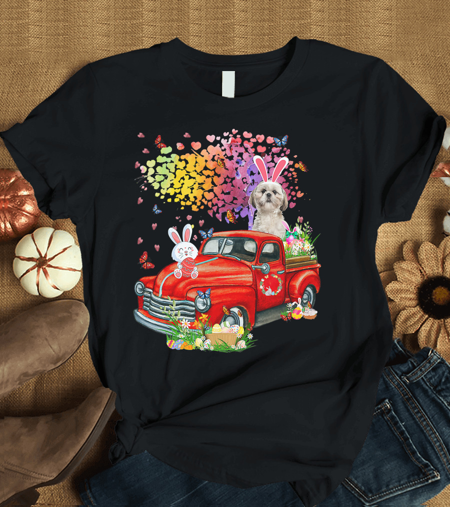 Shih Tzu Bunny on Red Truck with Easter Eggs and Rainbow Hearts T-Shirt