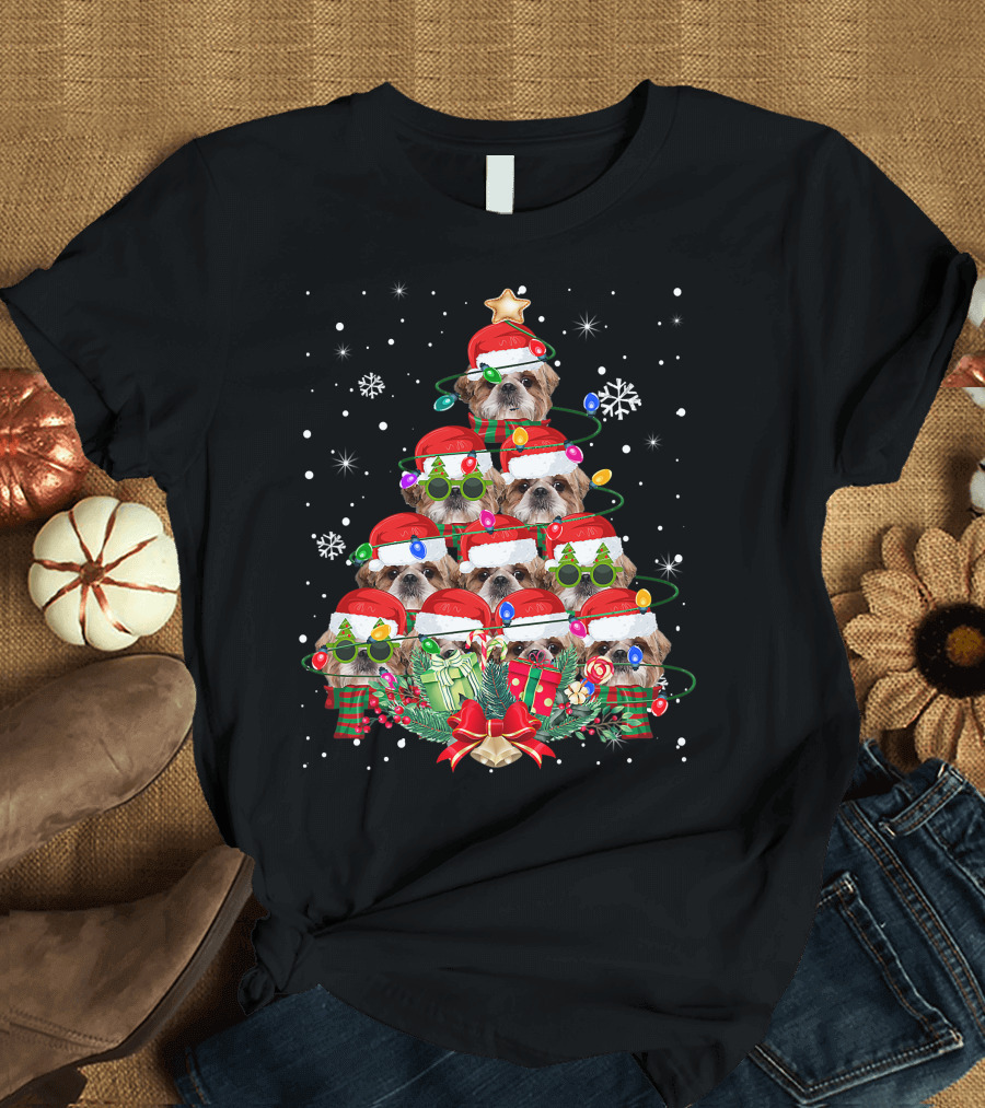 Shih Tzu Christmas Tree with Santa Hats and Lights Family Pajamas T-Shirt