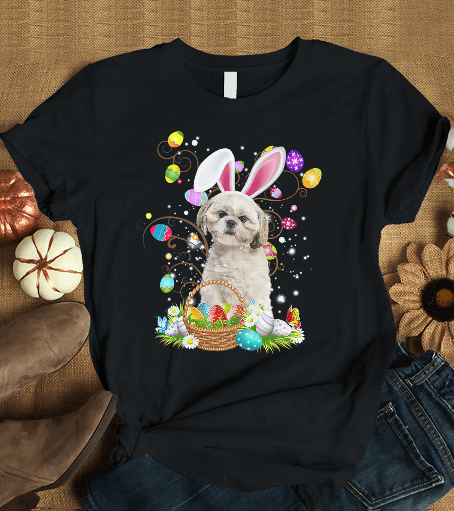 Shih Tzu Dog Bunny Ears with Colorful Easter Eggs Basket Fun Easter Day T-Shirt
