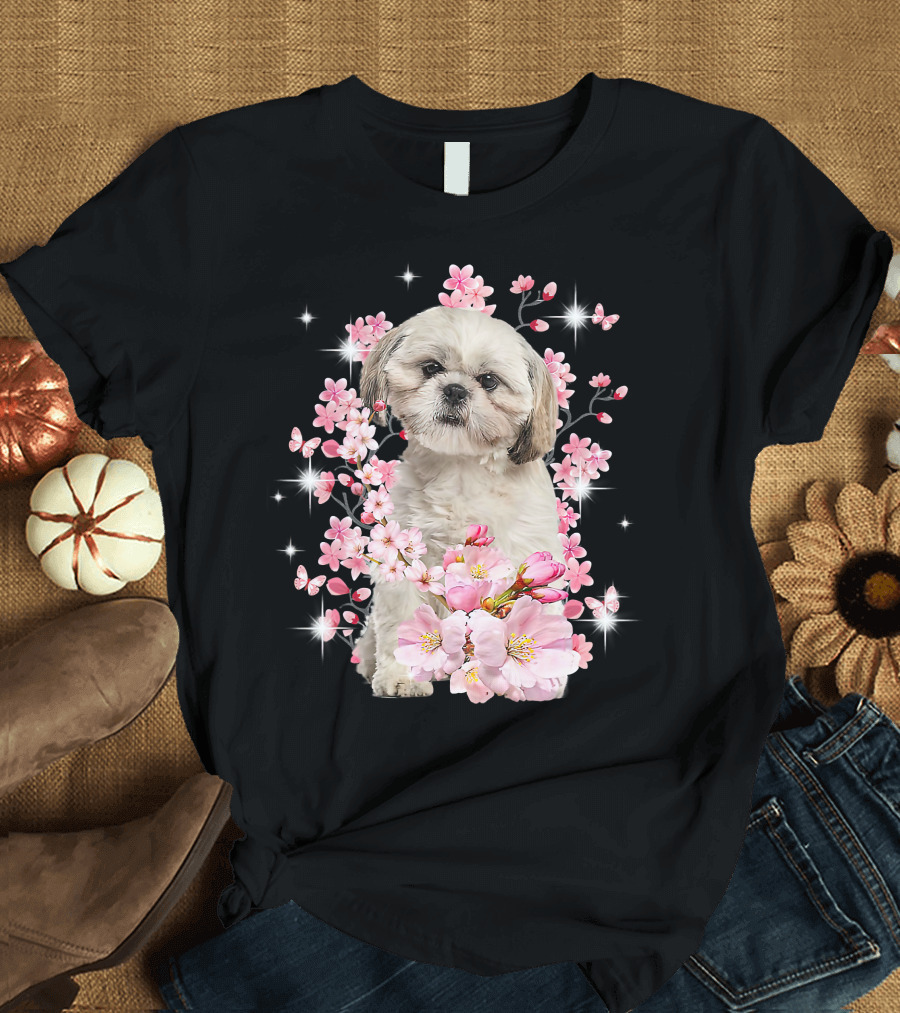 Shih Tzu Dog Sakura Japanese Cherry Blossom T-Shirt
