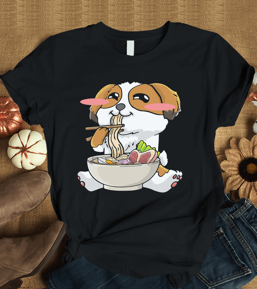 Shih Tzu Dog Enjoying Ramen Noodles With Kawaii Cute Blush Cheeks T-Shirt