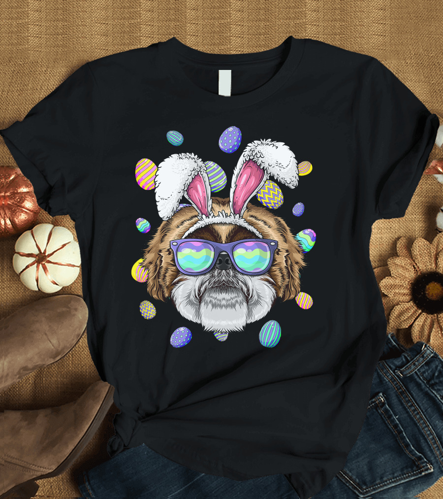 Shih Tzu with Bunny Ears and Sunglasses Surrounded by Colorful Easter Eggs T-Shirt