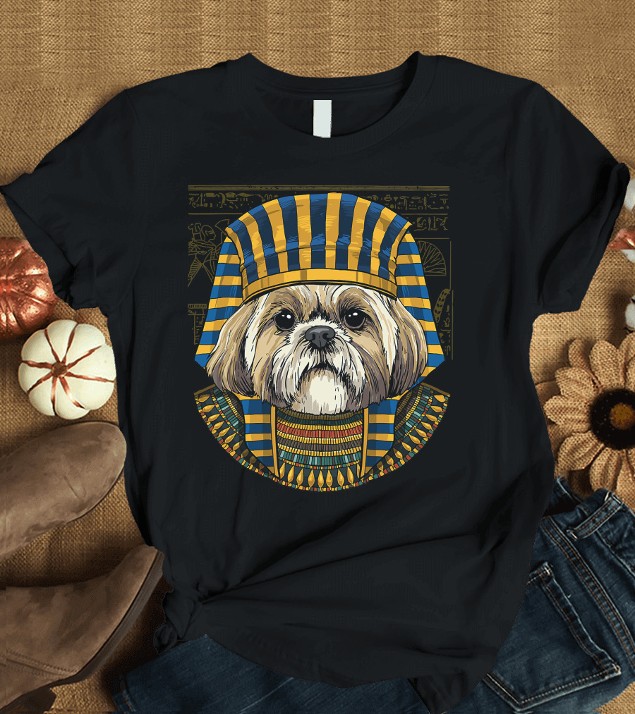 Shih Tzu Dressed as Egyptian Pharaoh with Hieroglyphics Background T-Shirt