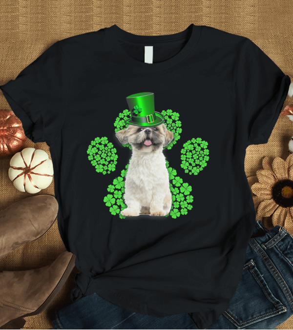 T-Shirt: Shih Tzu with Shamrock Paw Prints and Green Hat for St Patrick's Day T-Shirt Shih Tzu with Shamrock Paw Prints and Green Hat for St Patrick's Day T-Shirt
